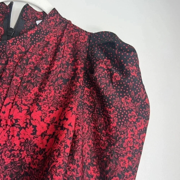 Topshop Size 2 Tiered Hem Long Puff Sleeve Shift Mini Dress Floral Red Black NEW - Picture 7 of 11